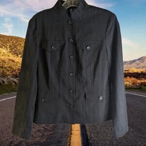 r Studio 6 button down gray front pockets polyester blend lightweight jacket